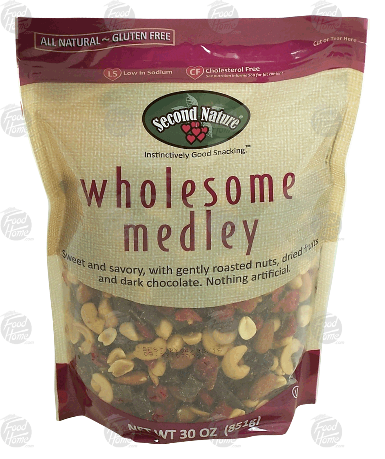 Second Nature wholesome medley dark chocolate chunks, roasted and salted peanuts, almonds, cashews, red cherries, and cranberries Full-Size Picture